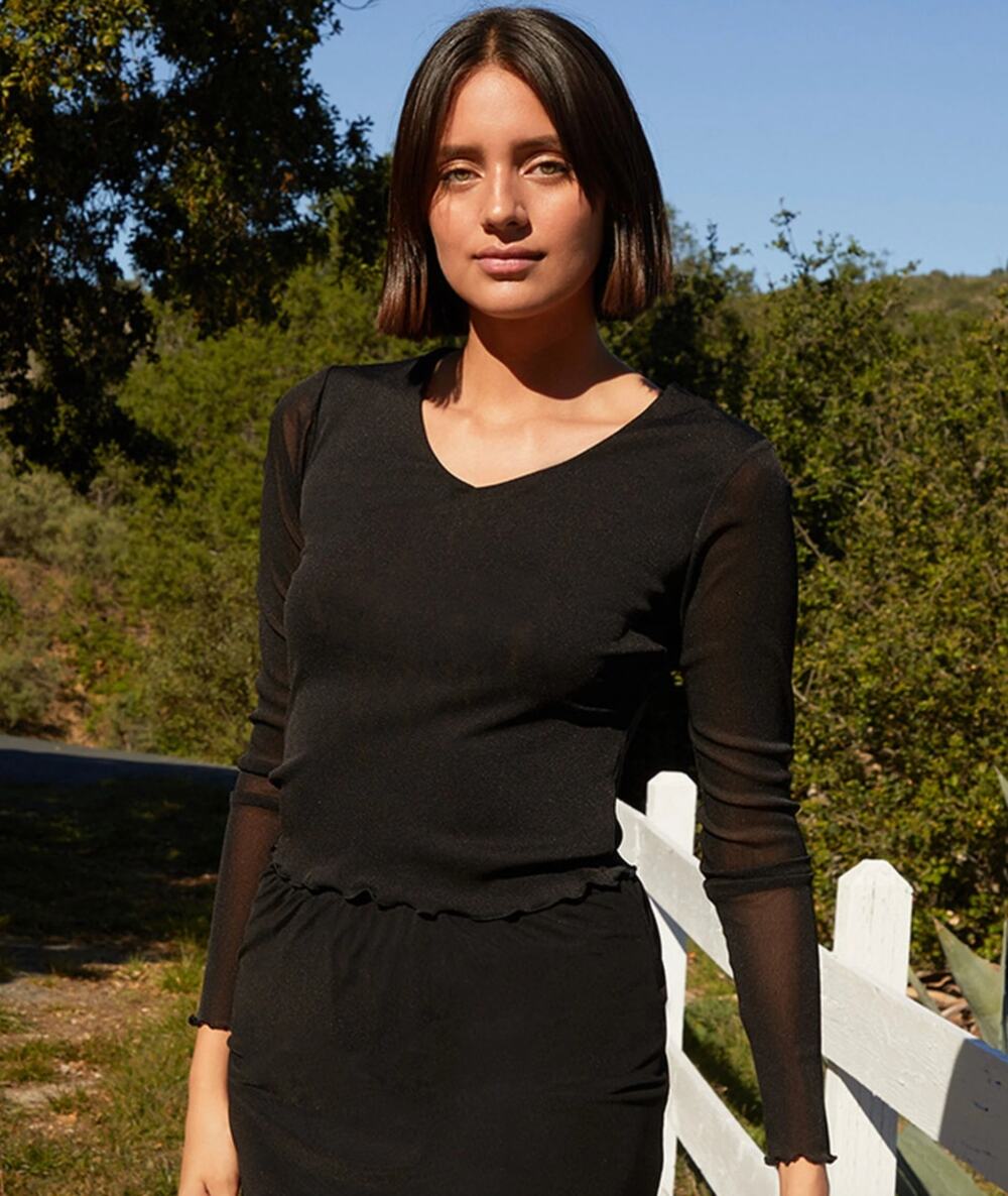 John Galt Black Leah Stretchy Mesh Ruffle V Neck Long Sleeve Top Shirt S Small